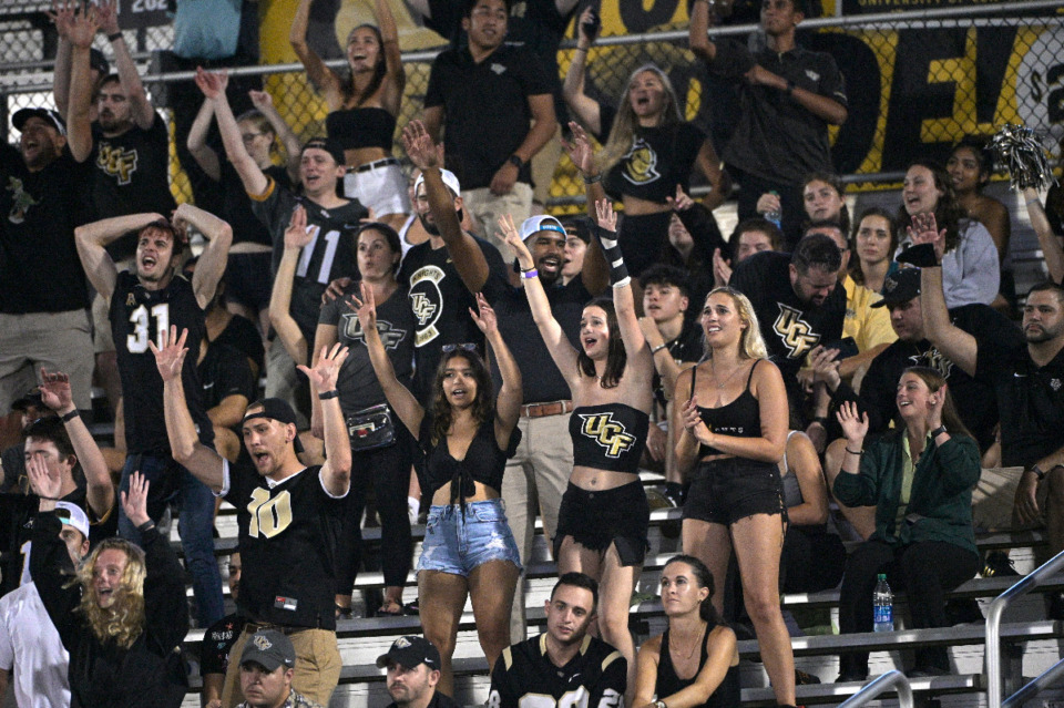 <strong>Central Florida fans cheer in the stands during the second half of an NCAA college football game against Boise State on Thursday, Sept. 2, 2021, in Orlando. Memphis plays at the Bounce House Friday.&nbsp;</strong> (AP Photo/Phelan M. Ebenhack)