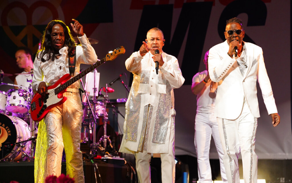 <strong>Verdine White (left), Ralph Johnson and Philip Bailey of Earth, Wind &amp; Fire performed at a Race to Erase MS event at the Rose Bowl in June 2021.</strong>&nbsp;(AP Photo/Chris Pizzello)