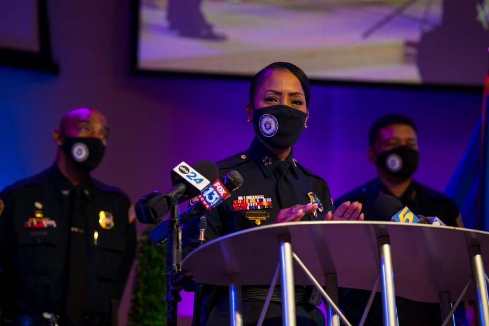 <strong>Memphis Police Director Cerelyn "C.J." Davis at Memphis violence press conference Thursday, Oct. 14, 2021 at Pursuit of God and Transformation Church.</strong> (Ziggy Mack/Special to The Daily Memphian file)