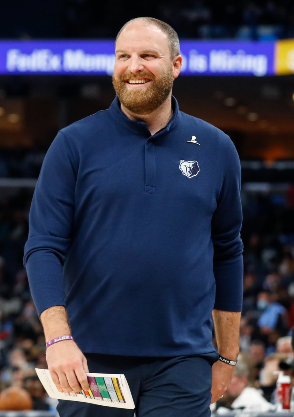 <strong>Grizzlies head coach Taylor Jenkins smiles during the game against the Cleveland Cavaliers on Wednesday, Oct. 20, 2021.</strong> (Mark Weber/The Daily Memphian)