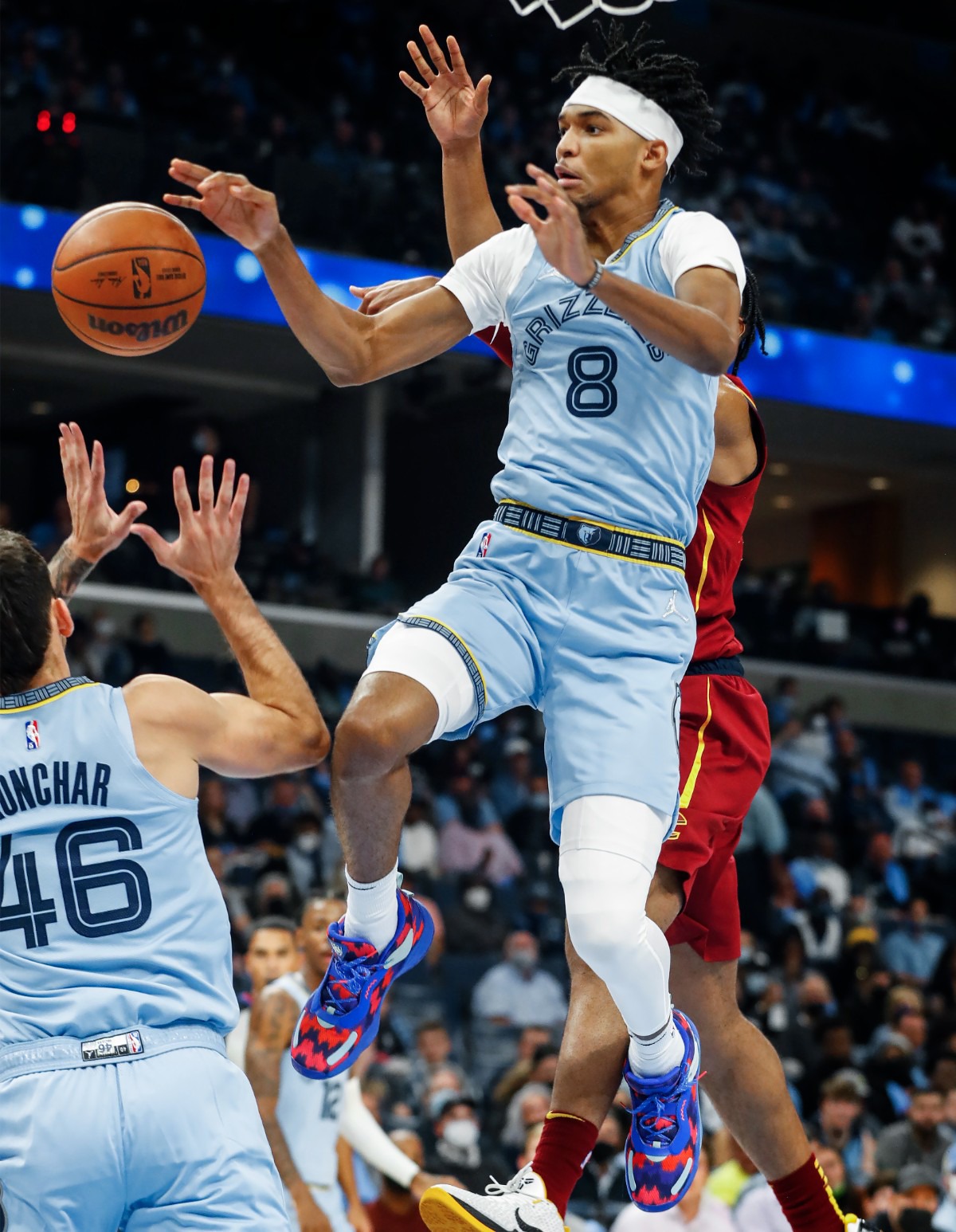 <strong>Grizzlies forward Ziaire Williams (top) fights for a rebound against the Cleveland Cavaliers on Wednesday, Oct. 20, 2021.</strong> (Mark Weber/The Daily Memphian)