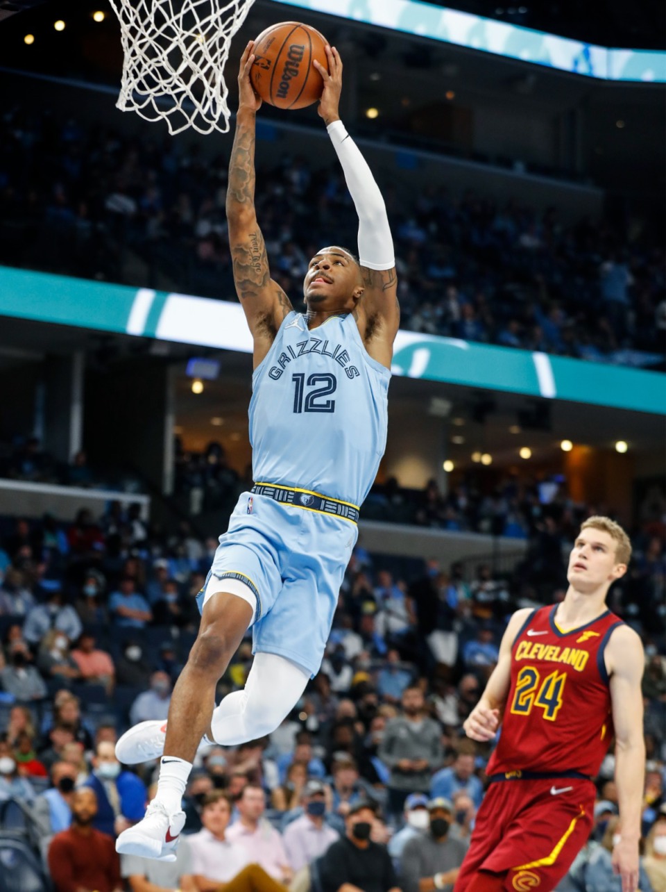 <strong>Grizzlies guard Ja Morant goes up for a dunk against the Cleveland Cavaliers on Wednesday, Oct. 20, 2021.</strong> (Mark Weber/The Daily Memphian)