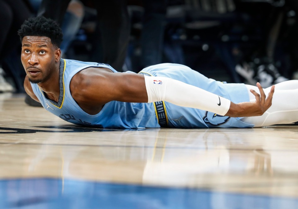 <strong>Grizzlies forward Jaren Jackson Jr. watches his half-court shot fall short before halftime against the Cleveland Cavaliers on Wednesday, Oct. 20, 2021.</strong> (Mark Weber/The Daily Memphian)