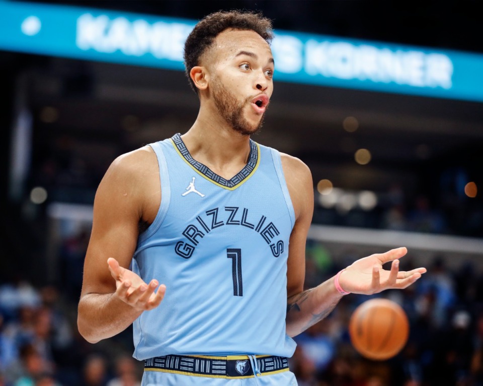 <strong>Grizzlies Kyle Anderson reacts after being called for a foul against the Cleveland Cavaliers on Wednesday, Oct. 20, 2021.</strong> (Mark Weber/The Daily Memphian)