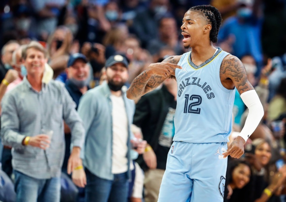 <strong>Grizzlies guard Ja Morant points to himself while celebrating during the final minutes of the victory over the Cleveland Cavaliers on Wednesday, Oct. 20, 2021. Morant scored 37 points in the 132-121 victory.&nbsp;</strong>&nbsp;(Mark Weber/The Daily Memphian)