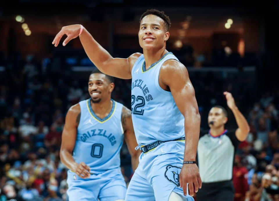 <strong>Memphis Grizzlies guard Desmond Bane celebrates making a 3-pointer against the Cleveland Cavaliers during action on Wednesday, Oct. 20, 2021 at FedExForum.</strong> (Mark Weber/The Daily Memphian)