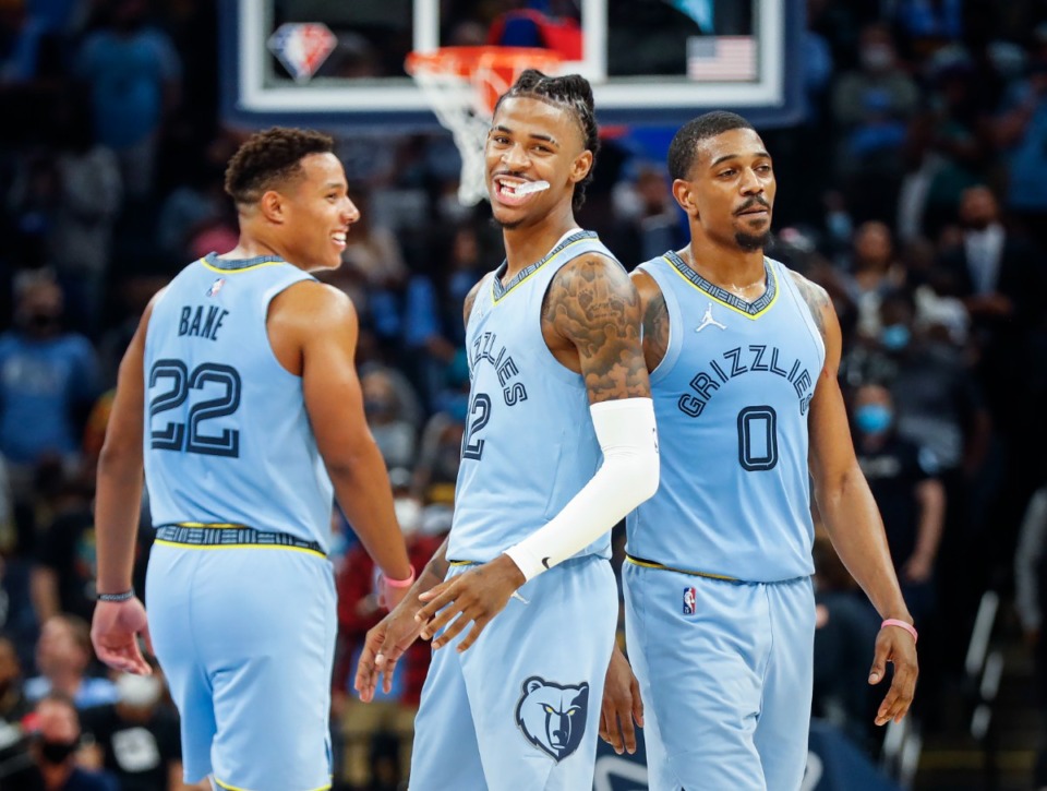 <strong>The trio of (from left) Desmond Bane, Ja Morant and De&rsquo;Anthony Melton accounted for 60% of the Grizzlies&rsquo; output in the 132-121 season-opening victory over the Cavaliers Oct. 20.&nbsp;</strong> (Mark Weber/The Daily Memphian file)