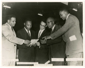 <strong>Benjamin Hooks (from left), Martin Luther King Jr., Russell Sugarmon, Bishop Bunton and Eliehue Stanback review a document in an undated 1950s photograph.</strong> (Photo courtesy of&nbsp;Memphis and Shelby County Room, Memphis Public Libraries)