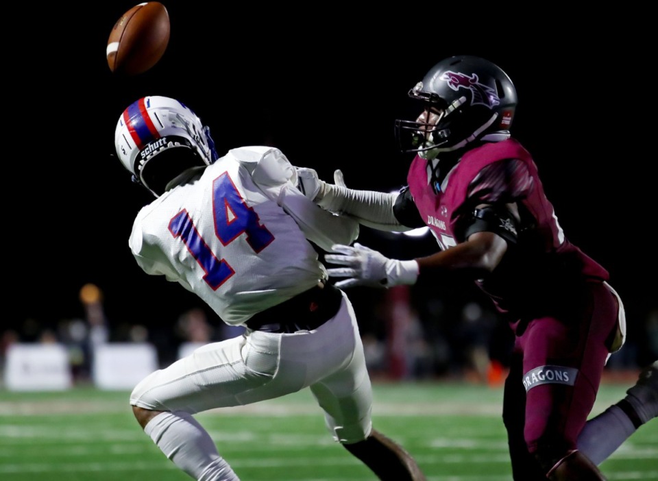 <strong>Collierville defensive back Myles Wesley (27) breaks up a two-point conversion attempt by Bartlett on Oct. 22.</strong> (Patrick Lantrip/Daily Memphian)