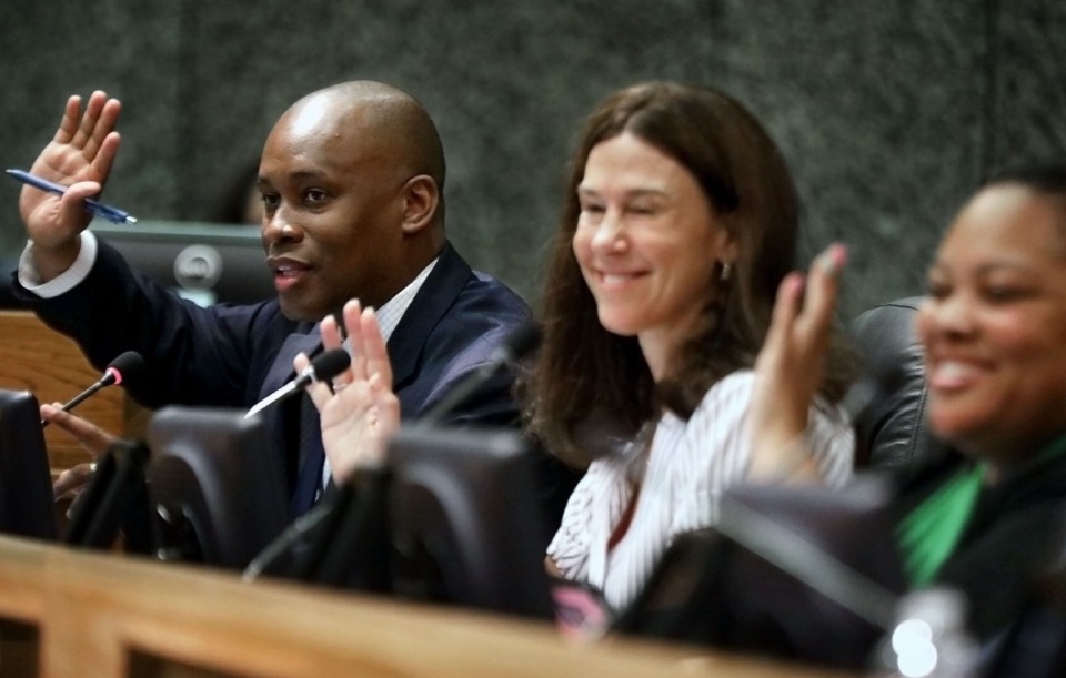 <strong>Shelby County Commissioners (from left, in a file photo) Van Turner, Brandon Morrison and Tami Sawyer acknowledge guests at a Shelby County Board of Commissioners meeting.</strong> (Patrick Lantrip/The Daily Memphian)