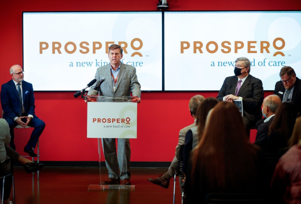 <strong>Michael Scarbrough, co-founder, president and COO of Prospero,&nbsp; speaks during a press conference announcing Prospero&rsquo;s new headquarters at 50 S. B.B. King Blvd., on Tuesday, Oct. 26, 2021.</strong> (Mark Weber/The Daily Memphian)