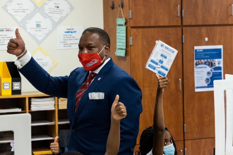 <strong>Shelby County Schools Superintendent Joris Ray visits a classroom at Bruce Elementary on the first day of school at SCS, Aug. 9.</strong> (Brad Vest/Daily Memphian file)