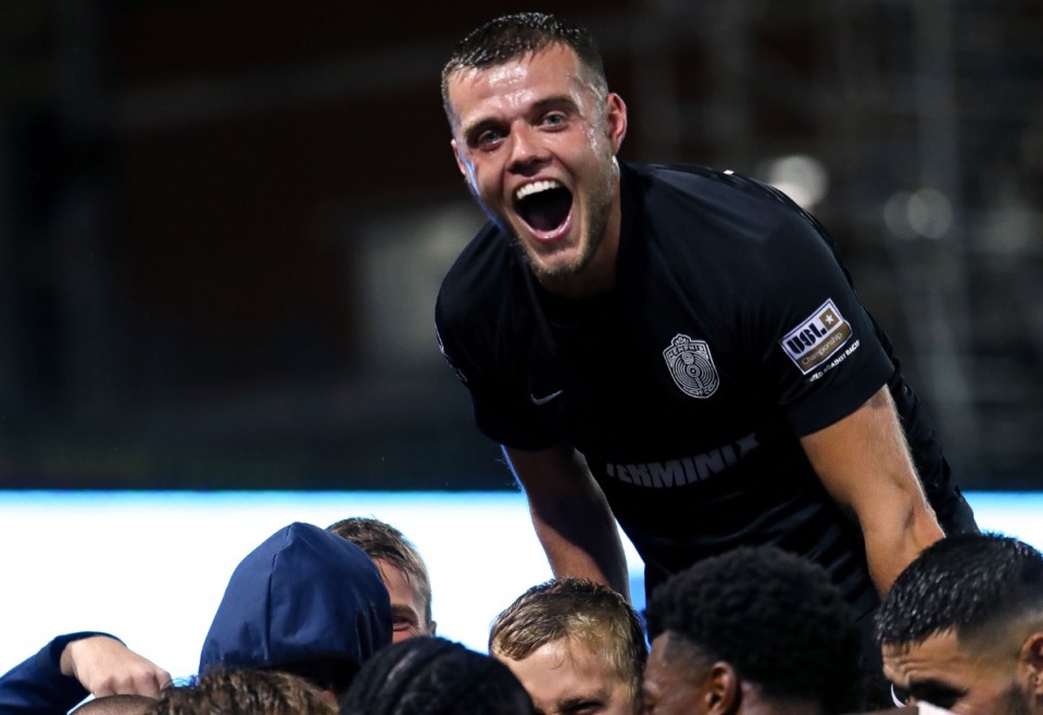 <strong>Memphis 901 FC defender Niall Logue (50) celebrates after the team scored its second goal during the Oct. 27 match against FC Tulsa.</strong> (Patrick Lantrip/Daily Memphian)