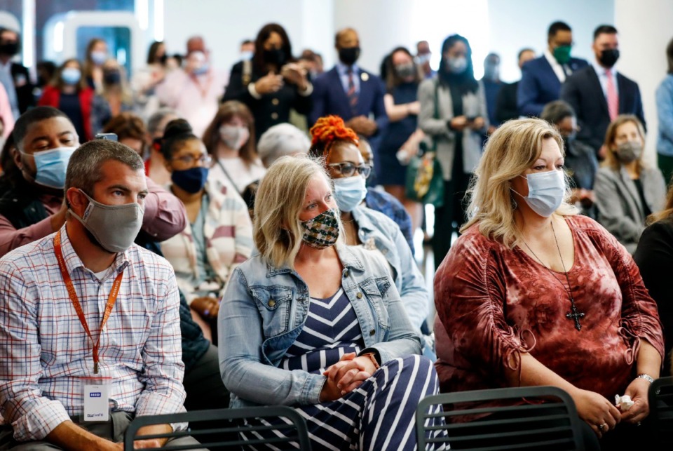 <strong>Prospero employees attend a press conference announcing the home health care company&rsquo;s new headquarters at 50 S. B.B. King Blvd., on Tuesday, Oct. 26, 2021.</strong> (Mark Weber/The Daily Memphian)