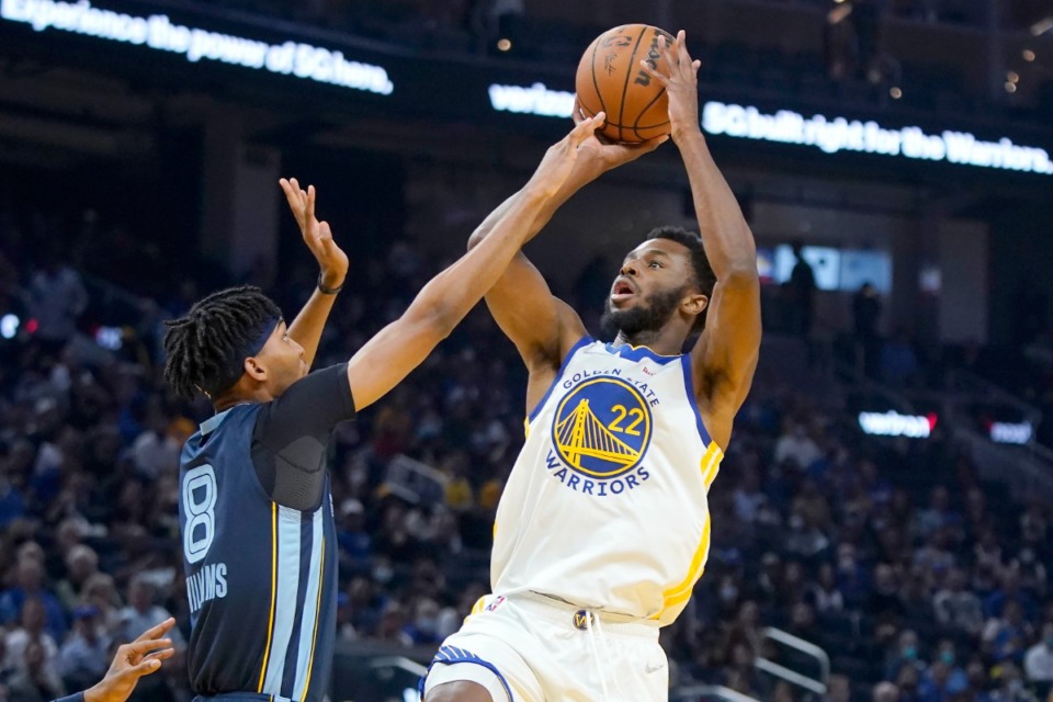 <strong>Ziaire Williams (8) guards Golden State&rsquo;s Andrew Wiggins (22) on Oct. 28, 2021, in San Francisco.</strong> (Jeff Chiu/AP)