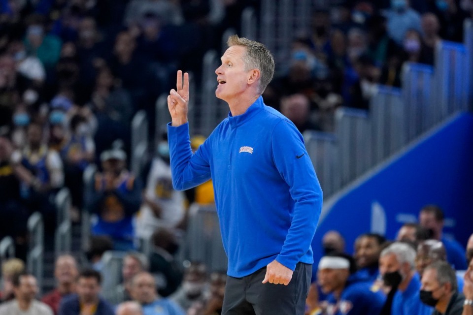 <strong>Golden State Warriors head coach Steve Kerr gestures toward players in the game against the Grizzlies</strong>&nbsp;<strong>on Oct. 28 in San Francisco.</strong> (Jeff Chiu/AP)