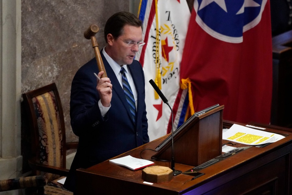 <strong>House Speaker Cameron Sexton (R-Crossville) raises the gavel Wednesday, Oct. 27, 2021, in Nashville where Tennessee's General Assembly met for a special legislative session to address COVID-19 measures.</strong> (AP Photo/Mark Humphrey)
