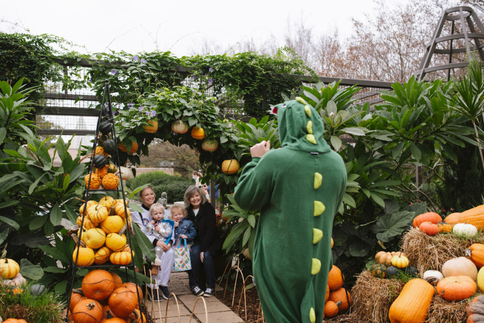 <strong>A friendly dinosaur snaps pictures of vistors to Halloween Hike Saturday at Memphis Botanic Garden.&nbsp;</strong>(Lucy Garrett/Special to The Daily Memphian)