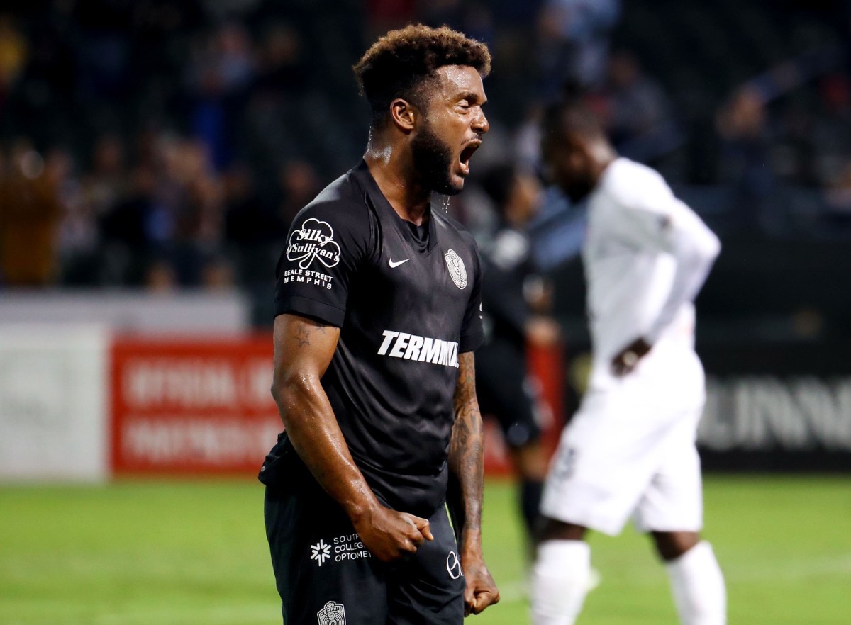 <strong>Memphis 901 FC forward Michael Salazar (11) celebrates after assisting on a goal during an Oct. 30, 2021 match against Indy Eleven.</strong> (Patrick Lantrip/Daily Memphian)