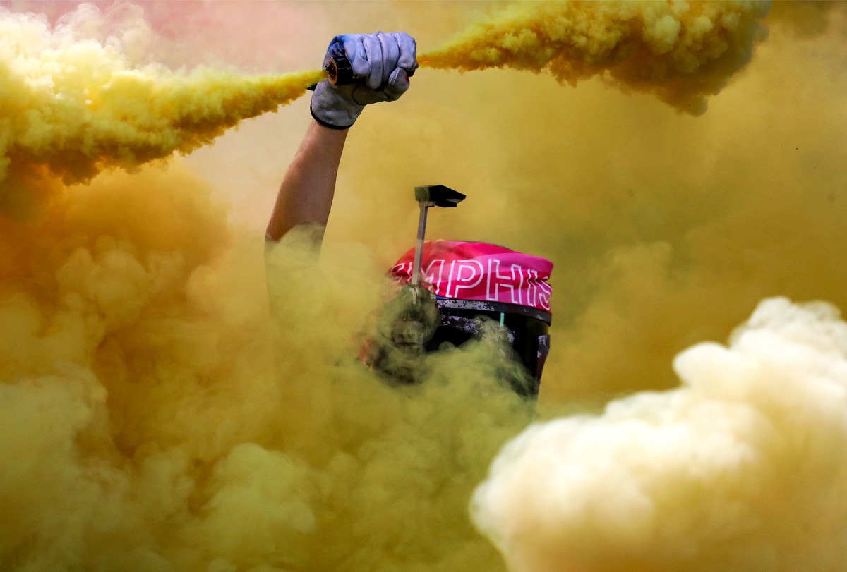 <strong>Memphis 901 FC fans celebrate a goal during an Oct. 30, 2021 match against Indy Eleven.</strong> (Patrick Lantrip/Daily Memphian)