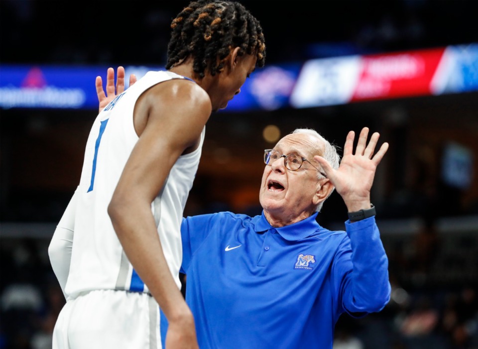 <strong>Memphis Tigers assistant coach Larry Brown (right) talks with Emoni Bates during action against Lane College on Sunday, Oct. 31, 2021 at FedExForum.</strong> (Mark Weber/The Daily Memphian)