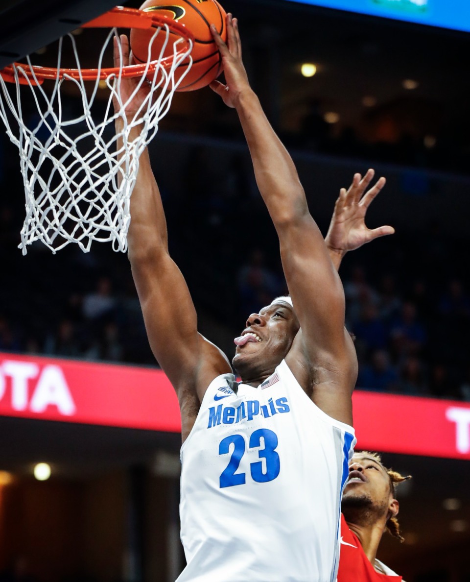 <strong>University of Memphis center Malcolm Dandridge drives to the basket against the Lane College defense during action on Sunday, Oct. 31, 2021.</strong> (Mark Weber/The Daily Memphian)