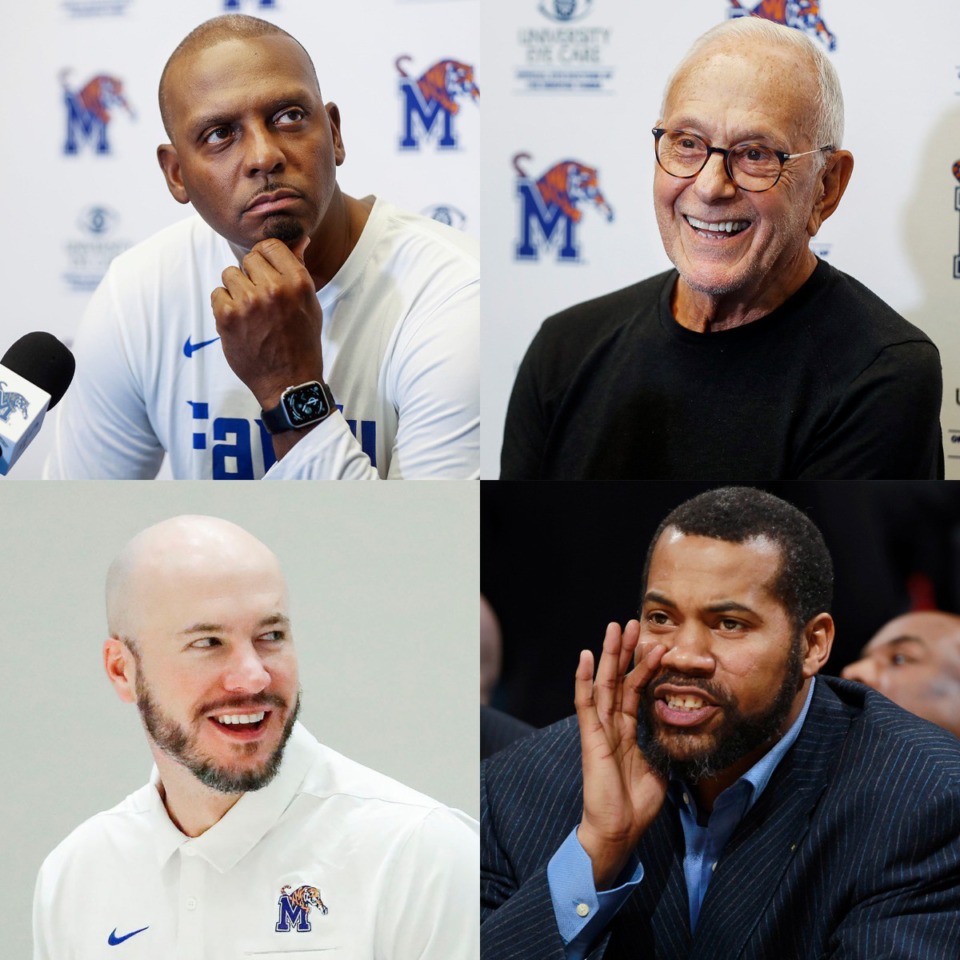 <strong>University of Memphis basketball coaches Penny Hardaway (top left); Larry Brown (top right); Cody Toppert (bottom left), and Rasheed Wallace</strong> (The Daily Memphian file)