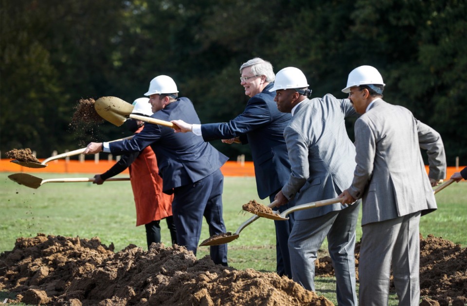 <strong>City and county dignitaries attend a groundbreaking ceremony for Kennedy Park on Monday, Nov. 1. The project is part of the Shelby County Resilience Grant funded by the U.S. Department of Housing and Urban Development. Improvements will include new soccer fields and a neighborhood connection to the park and the Wolf River Greenway.</strong> (Mark Weber/Daily Memphian)