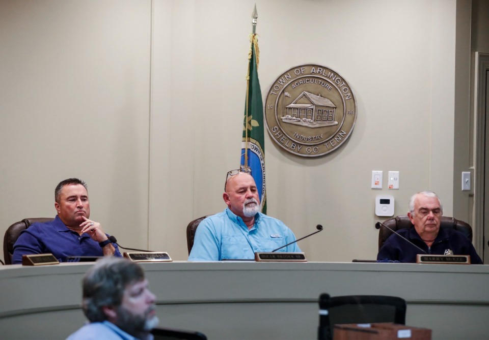 <strong>Mayor Mike Wissman (left) along with Aldermen Oscar Brooks (middle) and Harry McKee (right) attend an Arlington Board of Mayor and Aldermen meeting on Monday March. 2, 2020.</strong> (Mark Weber/Daily Memphian file)