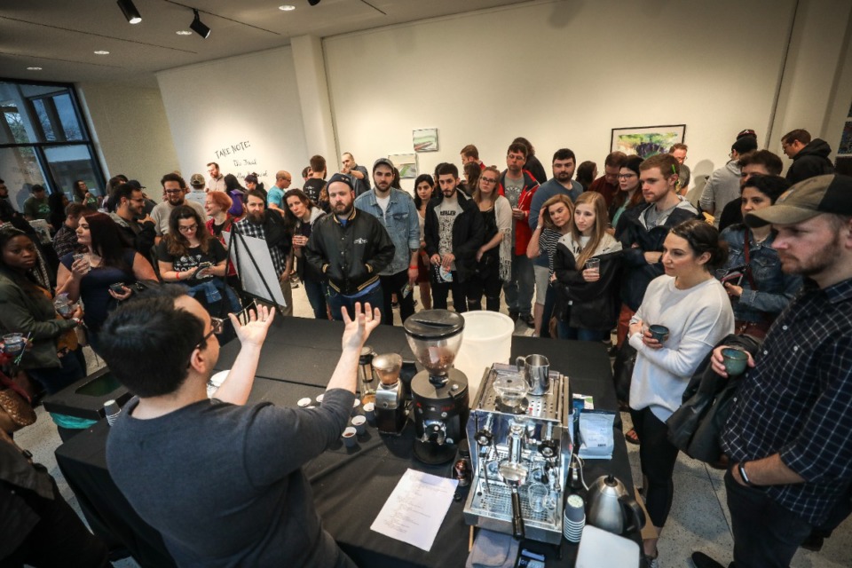 <strong>Erik Rocha from the Memphis Coffee Community offers a coffee demonstration at the first Grind City Coffee Xpo in 2019.</strong> (Jamie Harmon, courtesy Grind City Coffee Xpo)