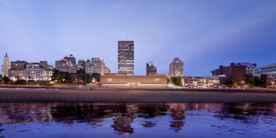 <strong>A rendering shows a night view of the proposed new Memphis Brooks Museum of Art, a 112,000-square-foot building at the corner of Front and Monroe.</strong> (&copy; Herzog &amp; de Meuron)