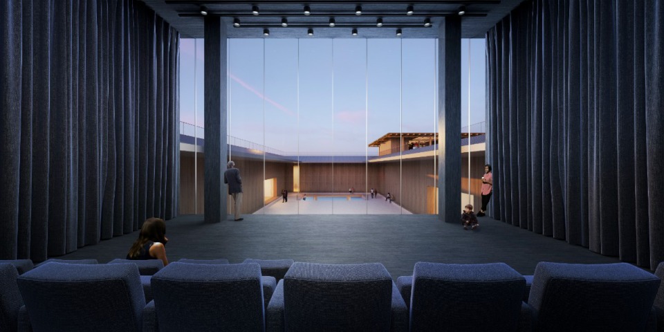 <strong>A rendering shows the theater interior at dusk.</strong> (&copy; Herzog &amp; de Meuron)