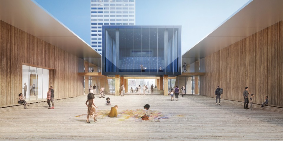 <strong>The courtyard in the proposed new Brooks Museum Downtown will have a theater that looks like this during the day ... </strong>(&copy; Herzog &amp; de Meuron)