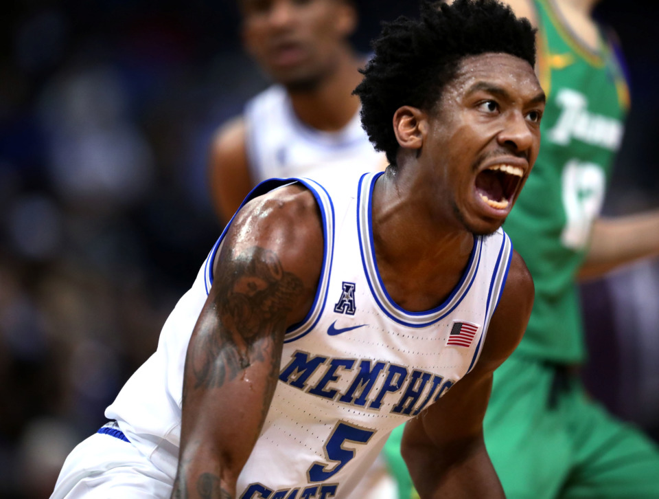 <strong>Memphis Tiger guard Kareem Brewton Jr. (5) reacts after almost stealing the ball during a game against the Tulane Green Wave on Wednesday, Feb. 20, 2019. </strong>(Houston Cofield/Daily Memphian)