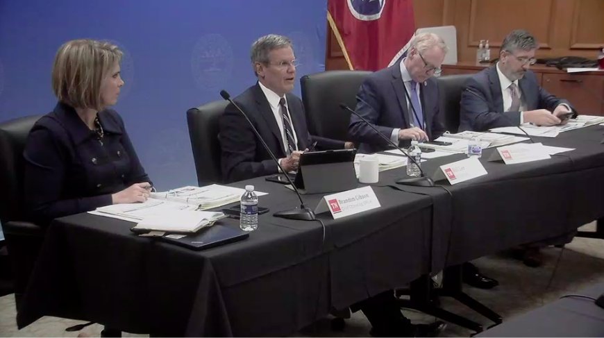 <strong>Chief Operating Officer Brandon Gibson, Gov. Bill Lee, Finance Commissioner Butch Eley and David Thurman, Eley&rsquo;s budget director, heard proposals for funding increases at all-day, back-to-back hearings last week. Lee will propose a fiscal year 2023 budget to lawmakers in January.</strong> (Screenshot from tn.gov livestream)