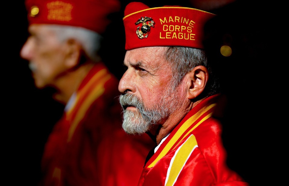 <strong>Veteran Bill Madsen with the Sgt. Walker K. Singleton Marine Corps League stands at attention while waiting to give a three-round volley salute during a Veterans Day Celebration at Colliverville Town Square Nov. 7, 2021.</strong> (Patrick Lantrip/Daily Memphian)