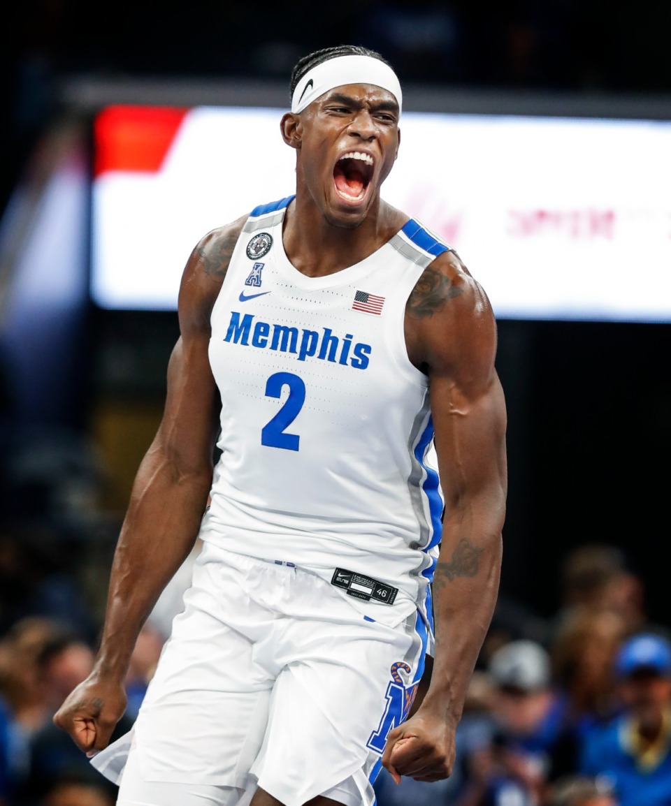 <strong>Tigers center Jalen Duren celebrates during the game against Tennessee Tech on Tuesday, Nov. 9, 2021.</strong> (Mark Weber/The Daily Memphian)