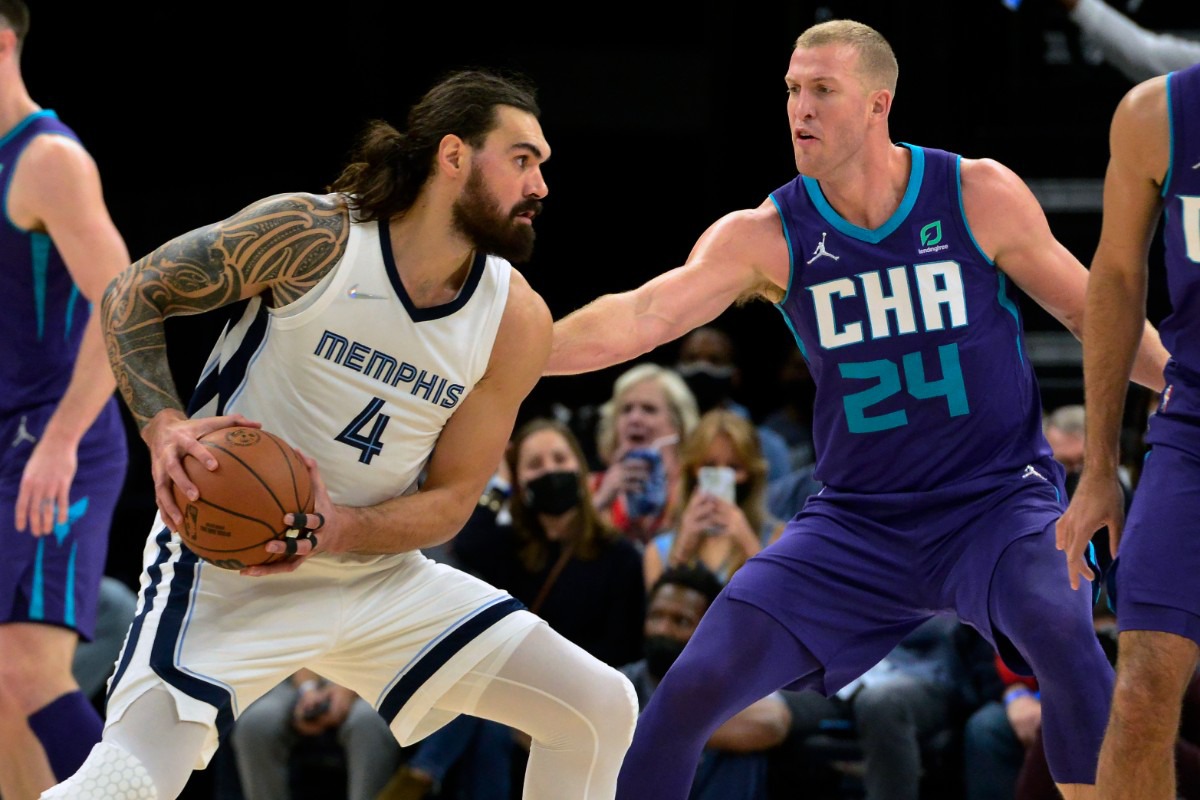 <strong>Grizzlies center Steven Adams (4) drives against Charlotte Hornets center Mason Plumlee (24) on Nov. 10 at FedExForum.</strong> (Brandon Dill/AP)