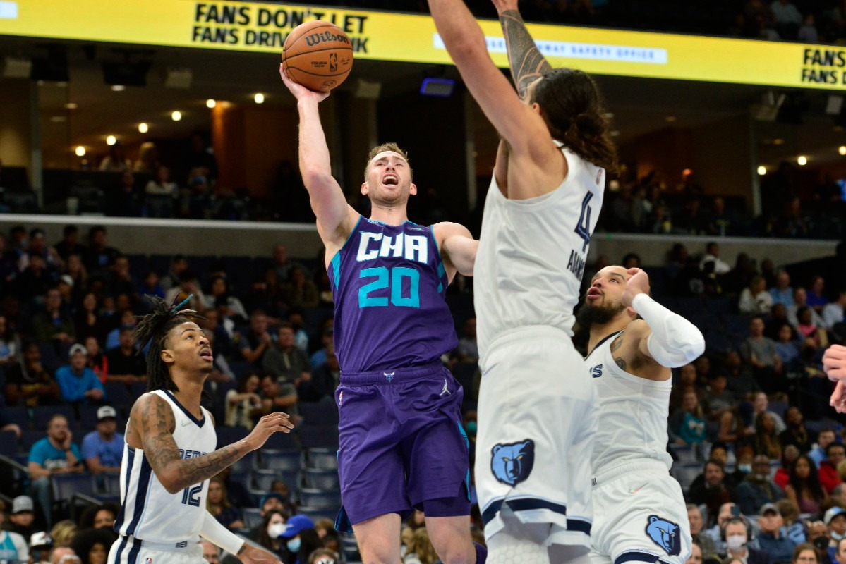 <strong>Charlotte Hornets forward Gordon Hayward (20) shoots against Grizzlies center Steven Adams (4)&nbsp;on Nov. 10 at FedExForum.</strong> (Brandon Dill/AP)