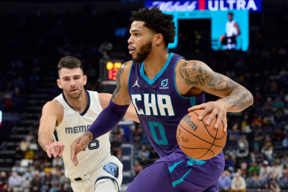 <strong>Charlotte Hornets forward Miles Bridges (0) drives past Grizzlies guard John Konchar&nbsp;on Nov. 10 at FedExForum.</strong> (Brandon Dill/AP)