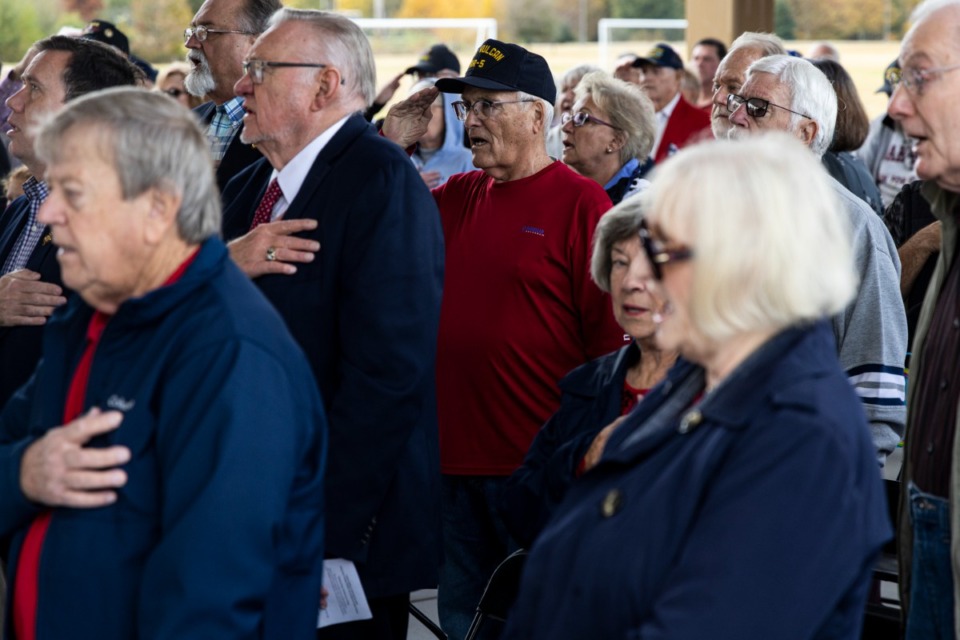 <strong>The 2021 Bartlett Veterans Day Ceremony took place Thursday, Nov. 11, under the A. Keith McDonald Pavilion next to Veterans Park.&nbsp;Attendees stood for the National Anthem, which was performed by the Appling Middle School Band.</strong> (Brad Vest/Special to the Daily Memphian)
