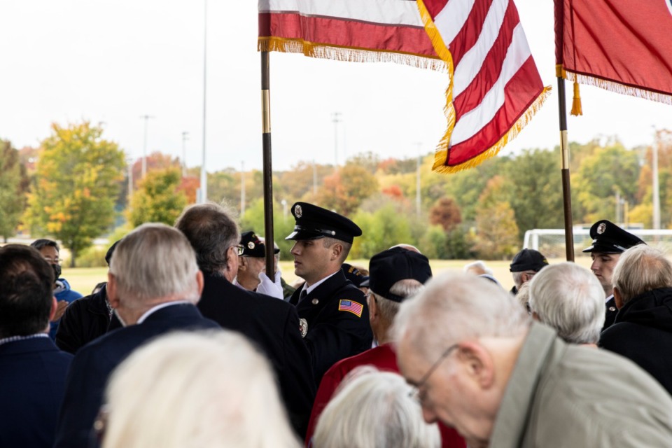 <strong>The Bartlett Police Department Honor Guard and the Bartlett Fire Department Honor Guard present the colors at the start of Bartlett&rsquo;s annual Veterans Day ceremony at Veterans Park.</strong> (Brad Vest/Special to&nbsp;the Daily Memphian)