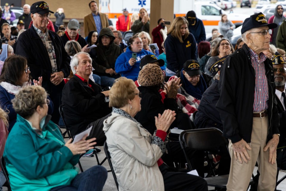 <strong>Veterans stand and are applauded during Bartlett's annual Veterans Day ceremony at Veterans Park on Thursday, Nov. 11.</strong> (Brad Vest/Special to the Daily Memphian)
