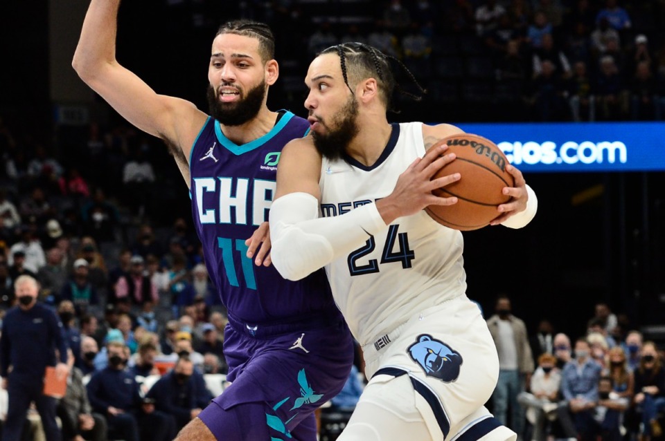 <strong>Grizzlies forward Dillon Brooks (24) returned to the lineup in the loss to Charlotte Nov. 10, scoring 20 points.</strong> (Brandon Dill/AP file)