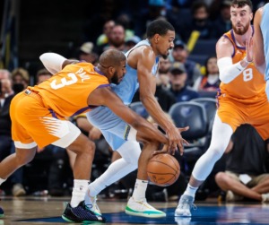<strong>Memphis Grizzlies guard De&rsquo;Anthony Melton (right) has the ball stolen by Phoenix Suns defender Chris Paul (left) during game action on Friday, Nov. 12, at FedExForum.</strong> (Mark Weber/Daily Memphian)