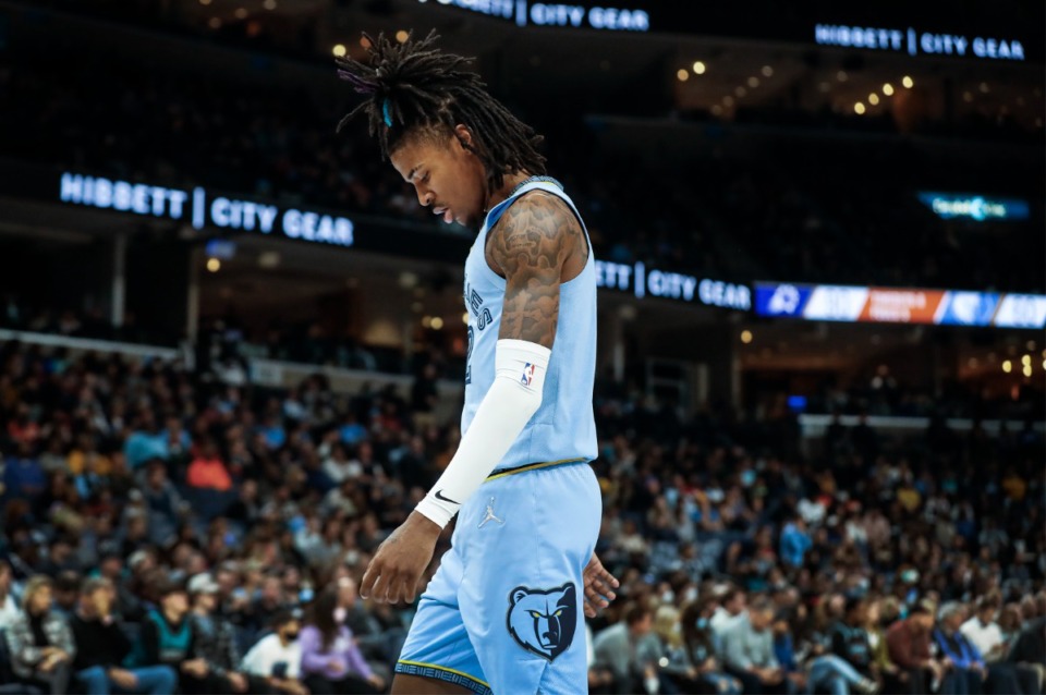 <strong>Grizzlies guard Ja Morant lowers his head in the fourth quarter during a runaway loss to the Phoenix Suns on Friday, Nov. 12, 2021.</strong> (Mark Weber/The Daily Memphian)