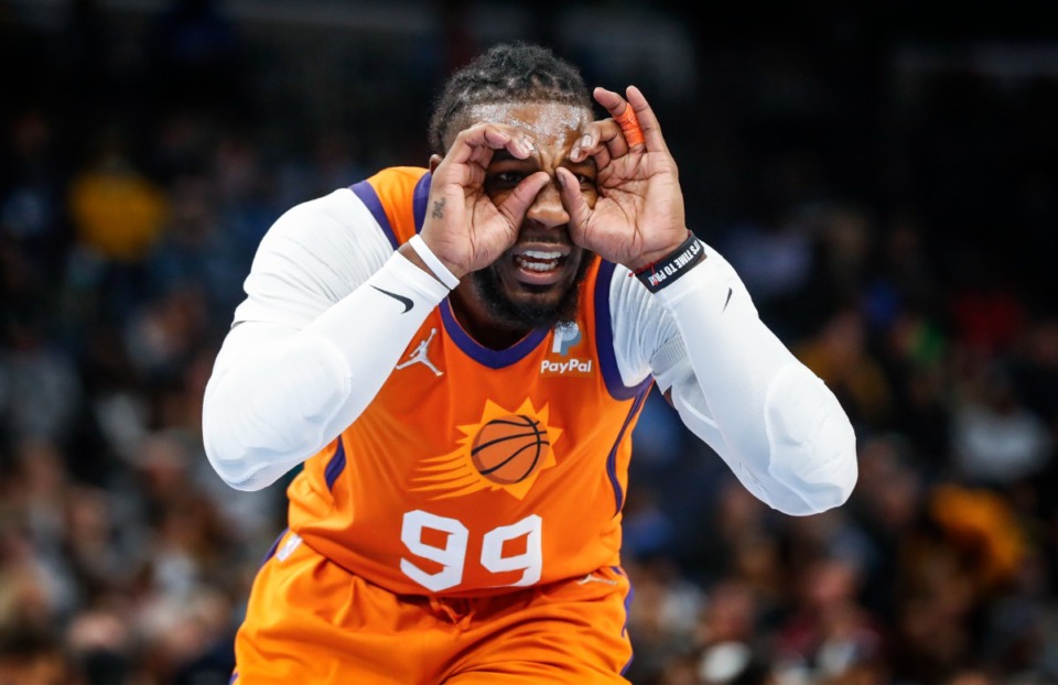 <strong>&nbsp;A Phoenix Suns forward celebrates during a victory over the Memphis Grizzlies on Friday, Nov. 12, 2021.</strong> (Mark Weber/The Daily Memphian)