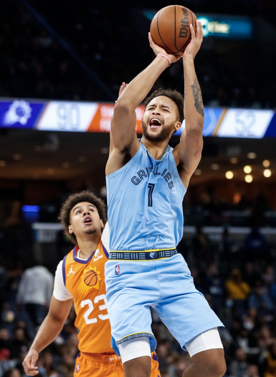 <strong>Grizzlies forward Kyle Anderson (right) puts up a shot in front of Phoenix Suns defender Cameron Johnson (left) on Friday, Nov. 12, 2021.</strong> (Mark Weber/The Daily Memphian)