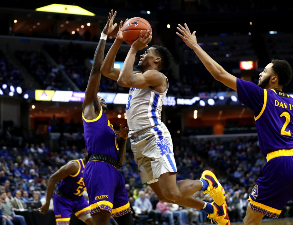 <strong>University of Memphis Tigers guard Jeremiah Martin (3) charges through an East Carolina University to shoot a jump shot during a game against the Pirates on Thursday, Jan. 10, 2018.&nbsp;</strong>(Houston Cofield/Daily Memphian file)