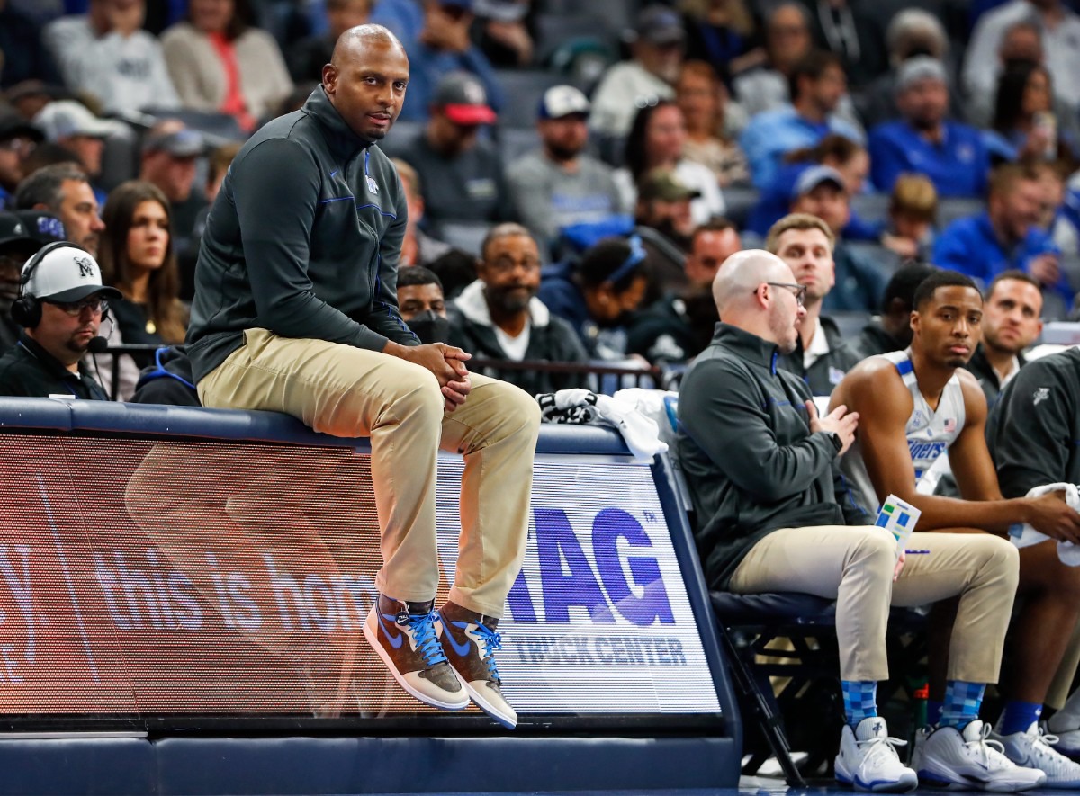 <strong>Memphis Tigers head coach Penny Hardaway sits on the scores table during action against North Carolina Central on Saturday, Nov. 13, 2021.</strong> (Mark Weber/The Daily Memphian)